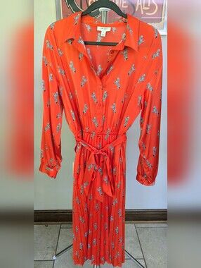 $25 On 34th Size L - Orange Zebra Pleated Midi Shirt Dress - Like New!